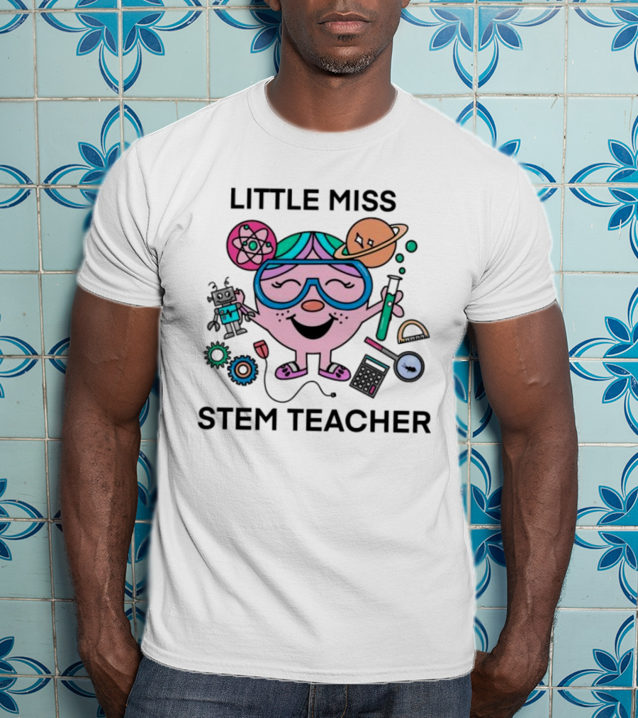 Little Miss STEM Teacher Science Icons Robot Atom Calculator Planets Gears T-Shirt