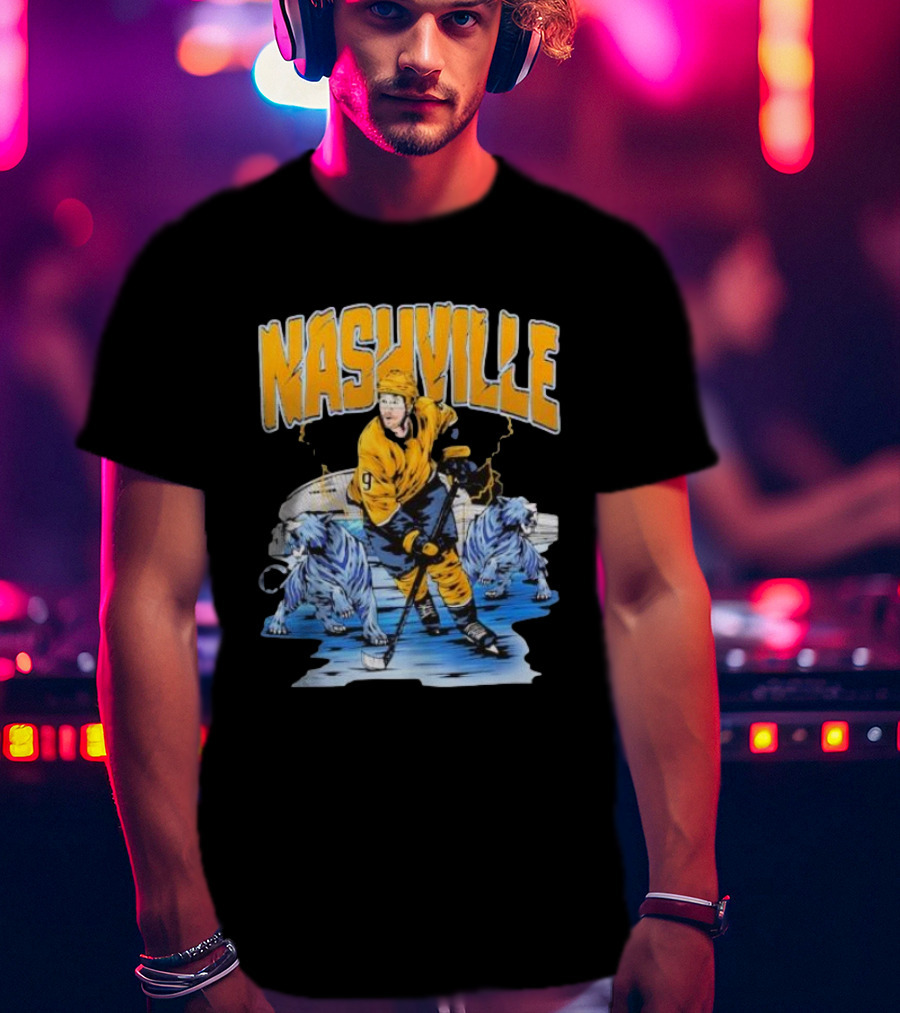 Nashville Predators Filip Forsberg Hockey Number 9 Action With Ice Background And Predators Lions T-Shirt