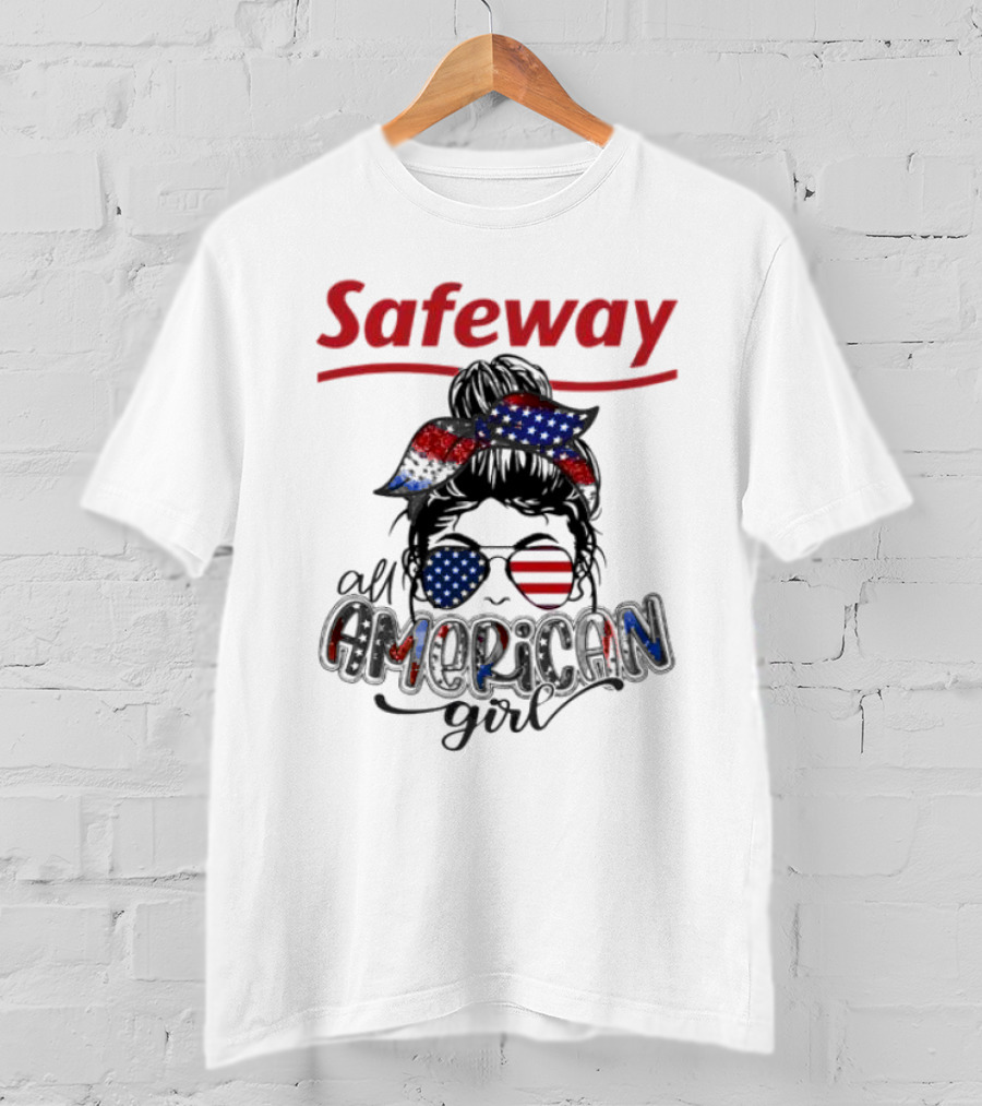 Safeway All American Girl Messy Bun Red White Blue Glasses Bandana T-Shirt
