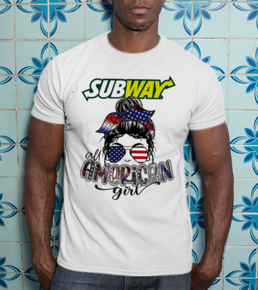 Subway All American Girl Messy Bun Patriotic Bandana And Sunglasses T-Shirt