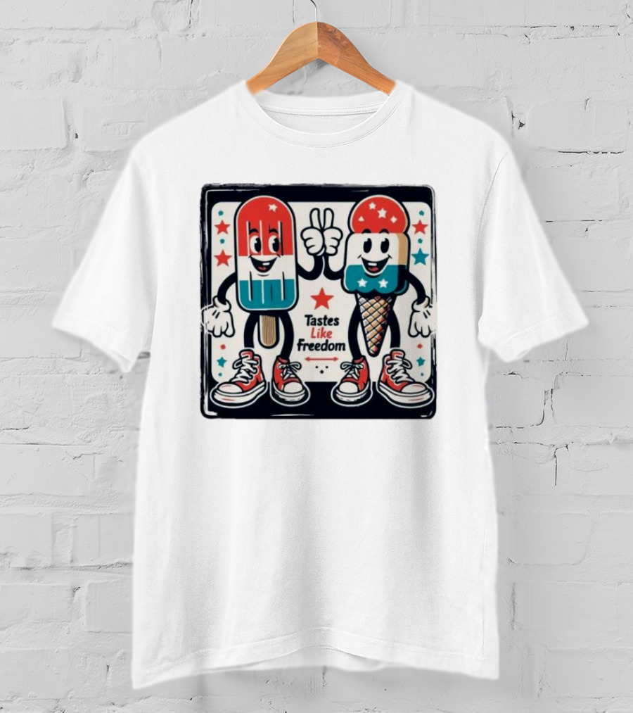 Tastes Like Freedom Popsicle And Ice Cream Characters With Stars And Sneakers T-Shirt