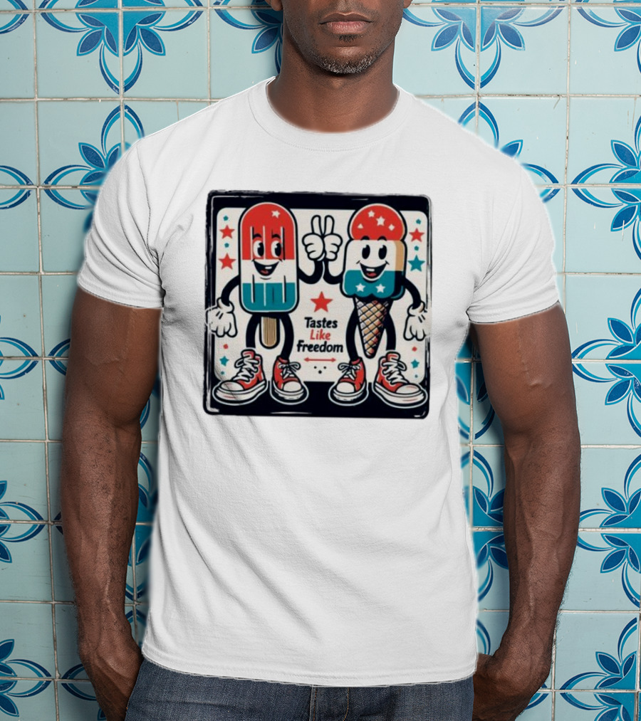 Tastes Like Freedom Popsicle And Ice Cream Characters With Stars And Sneakers T-Shirt