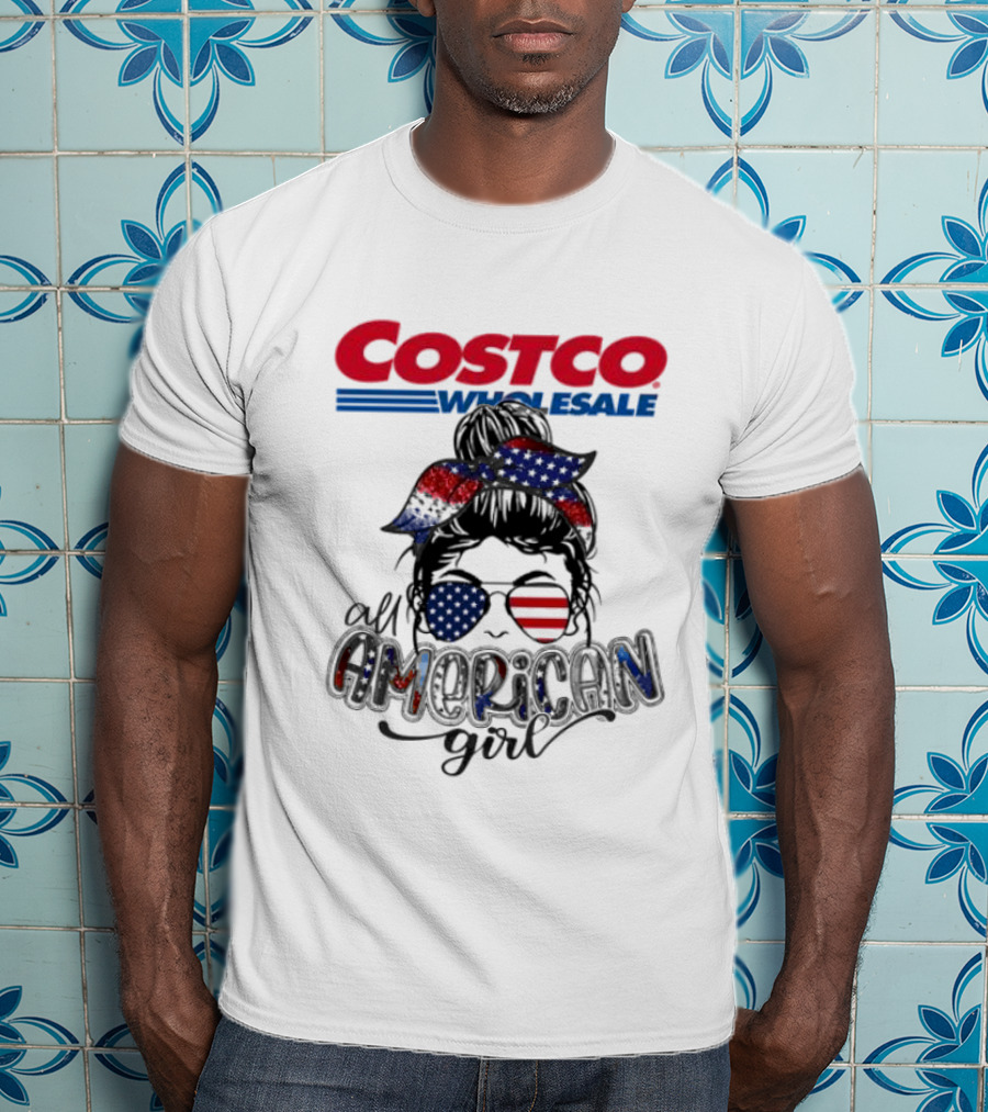 Costco Wholesale All American Girl Messy Bun Sunglasses Bandana USA Flag T-Shirt