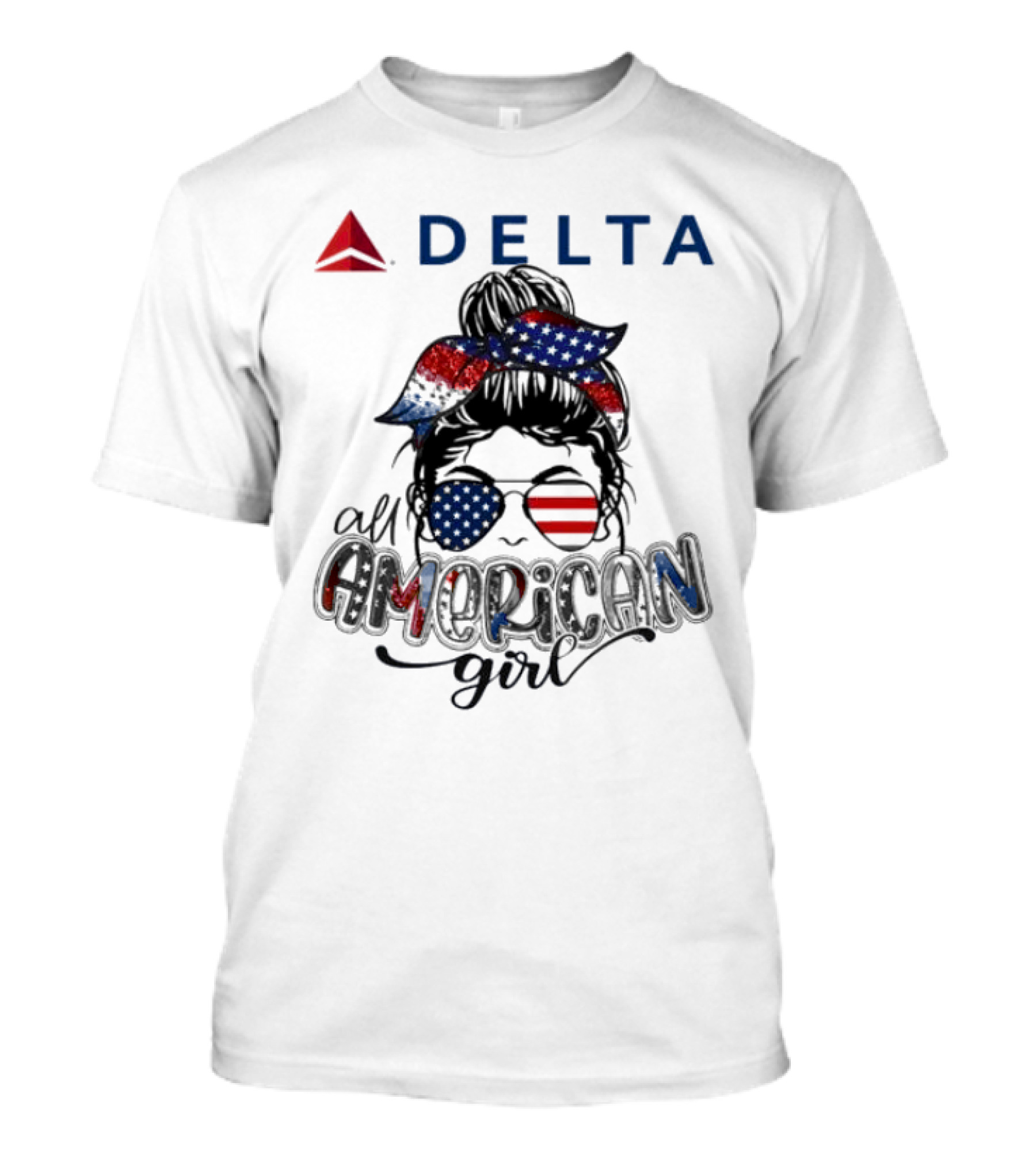 Delta Air Lines All American Girl Messy Bun Stars Stripes Bandana Sunglasses T-Shirt
