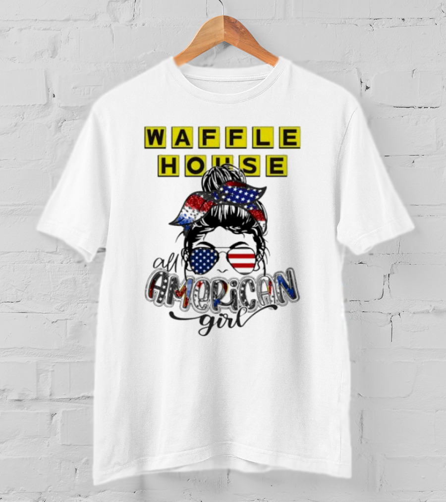 Waffle House All American Girl Messy Bun Patriotic USA Flag Glasses T-Shirt