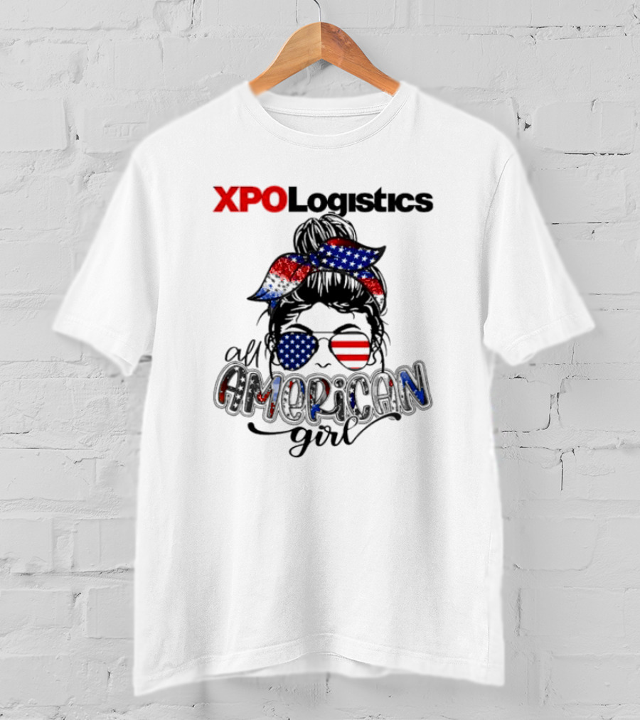XPO Logistics All American Girl Messy Bun Red White Blue Glasses Stars Stripes T-Shirt