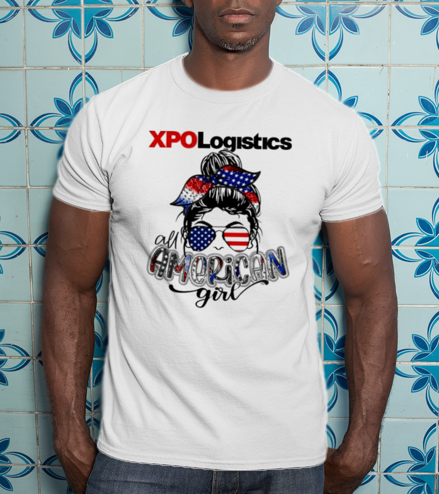 XPO Logistics All American Girl Messy Bun Red White Blue Glasses Stars Stripes T-Shirt