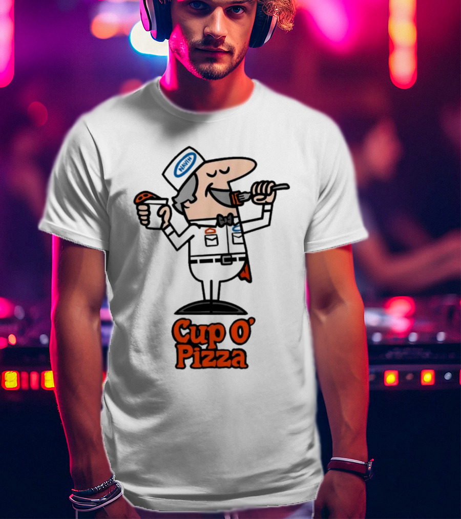 Cup O' Pizza Cartoon Character Eating From A Fork And Cup T-Shirt
