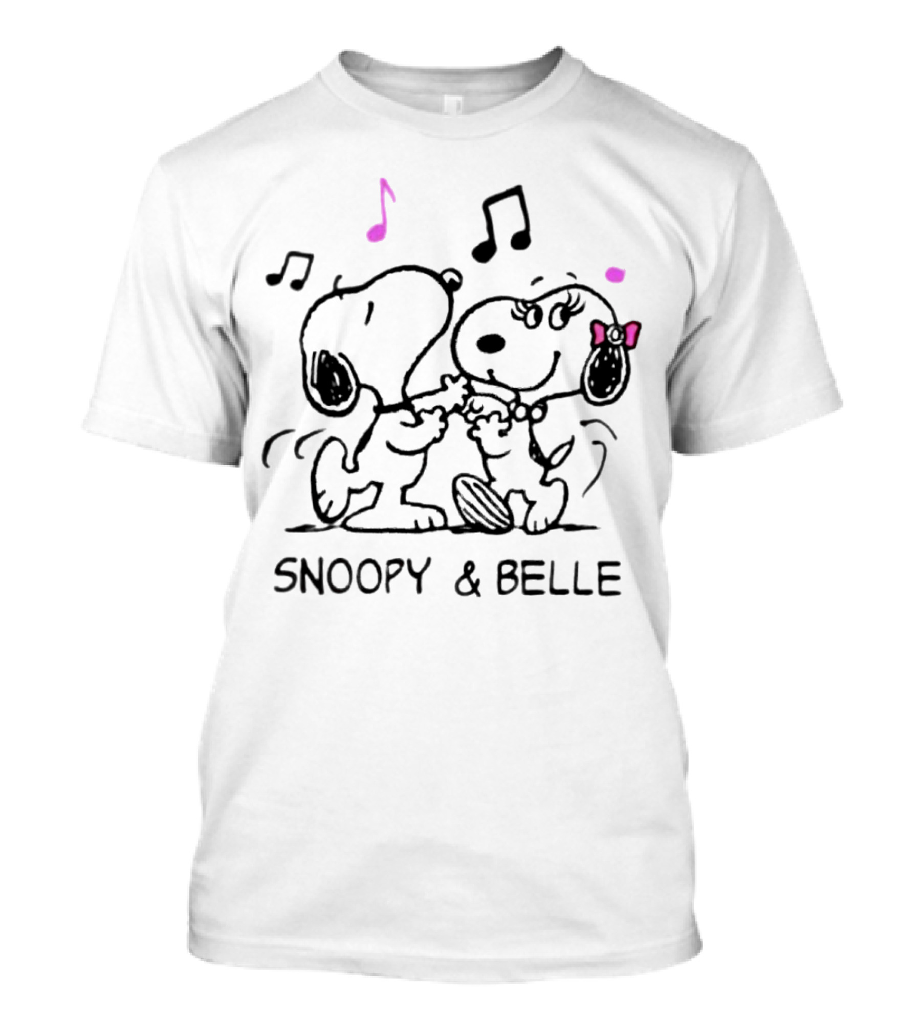 Snoopy And Belle Dancing With Musical Notes And Pink Accents T-Shirt