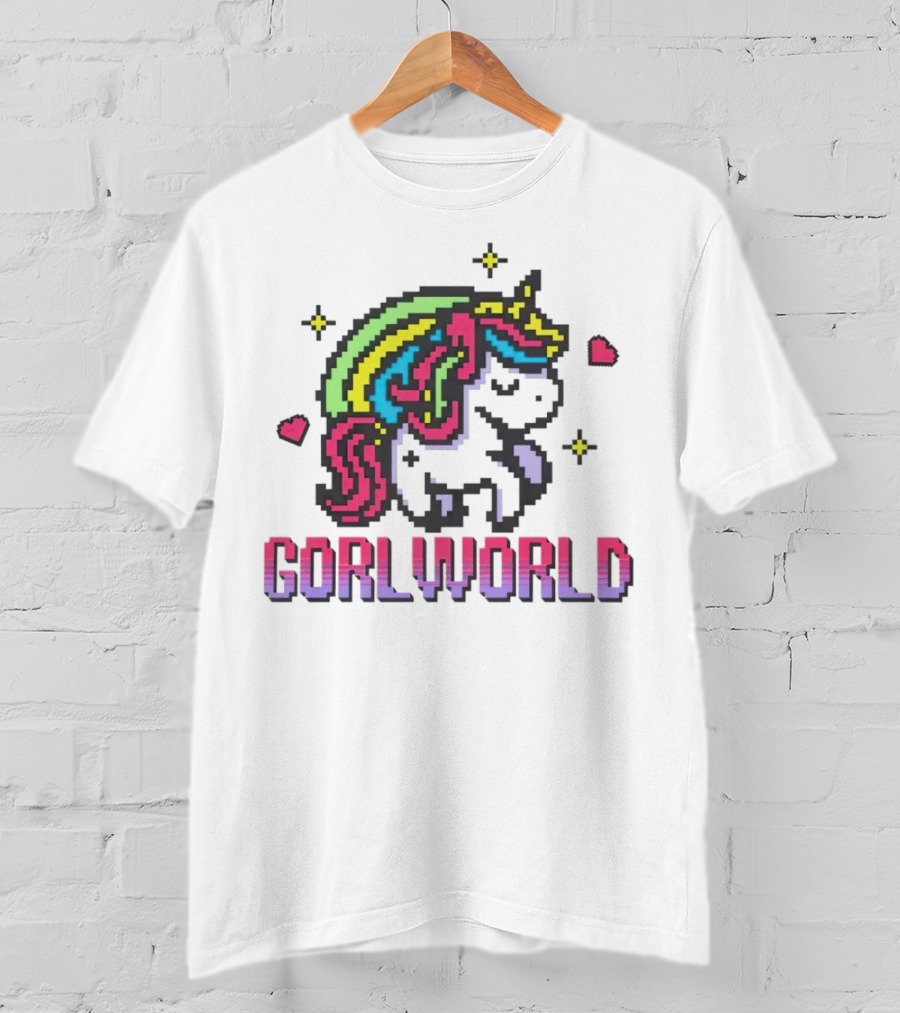 Gorl World Unicorn Retro Pixel Art Rainbow Hearts T-Shirt
