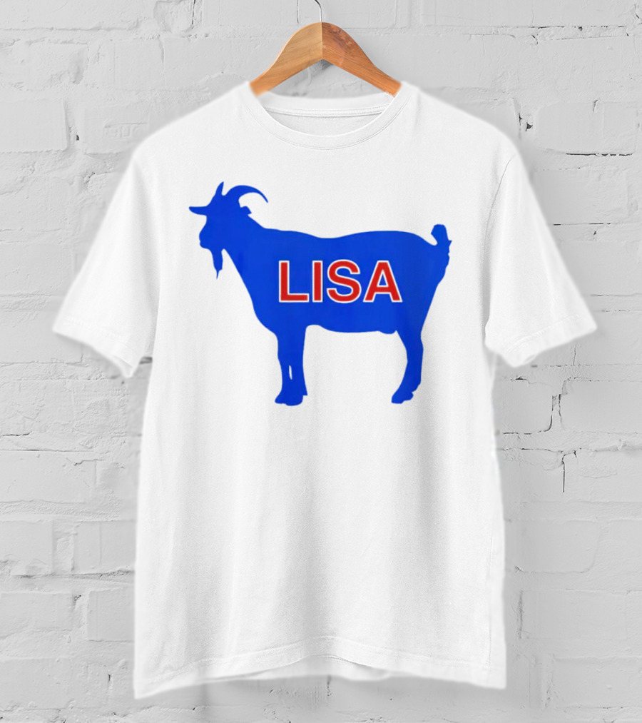 Lisa L Dubbs Goat Silhouette With Name In Bold Red Letters Blue Background T-Shirt