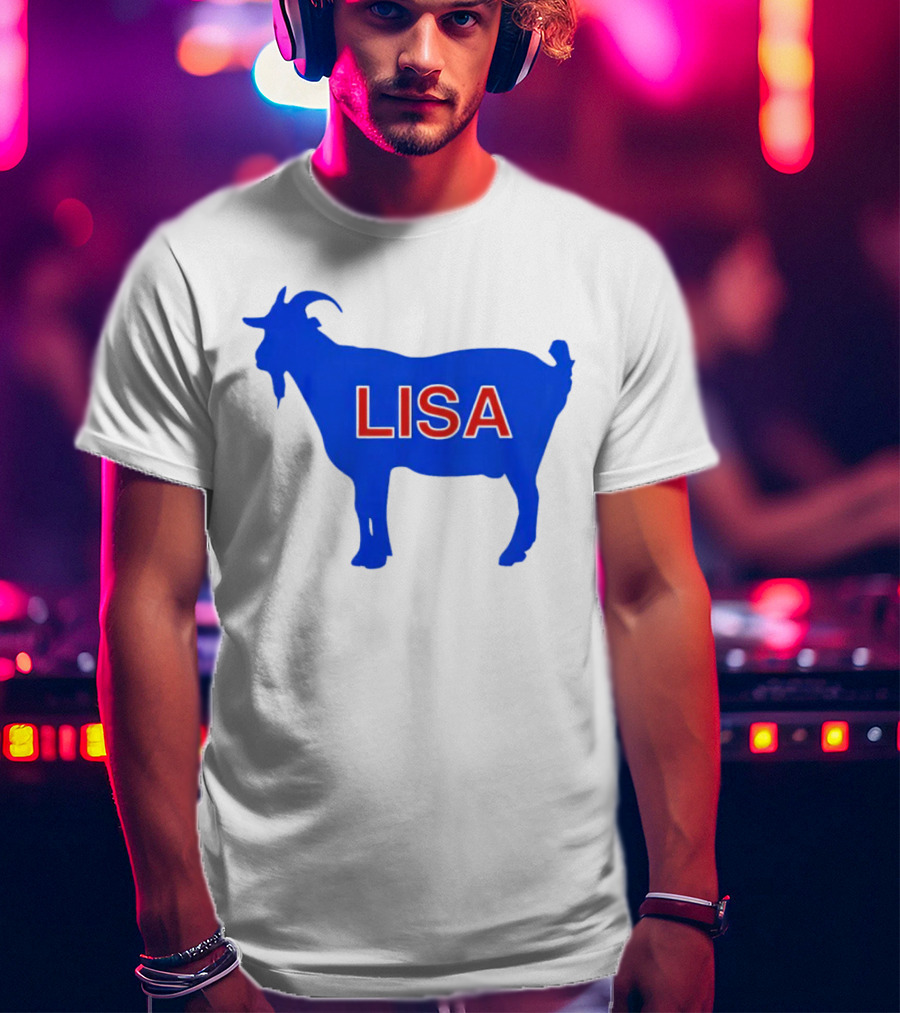 Lisa L Dubbs Goat Silhouette With Name In Bold Red Letters Blue Background T-Shirt