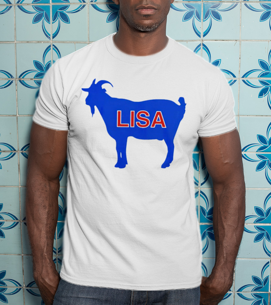 Lisa L Dubbs Goat Silhouette With Name In Bold Red Letters Blue Background T-Shirt