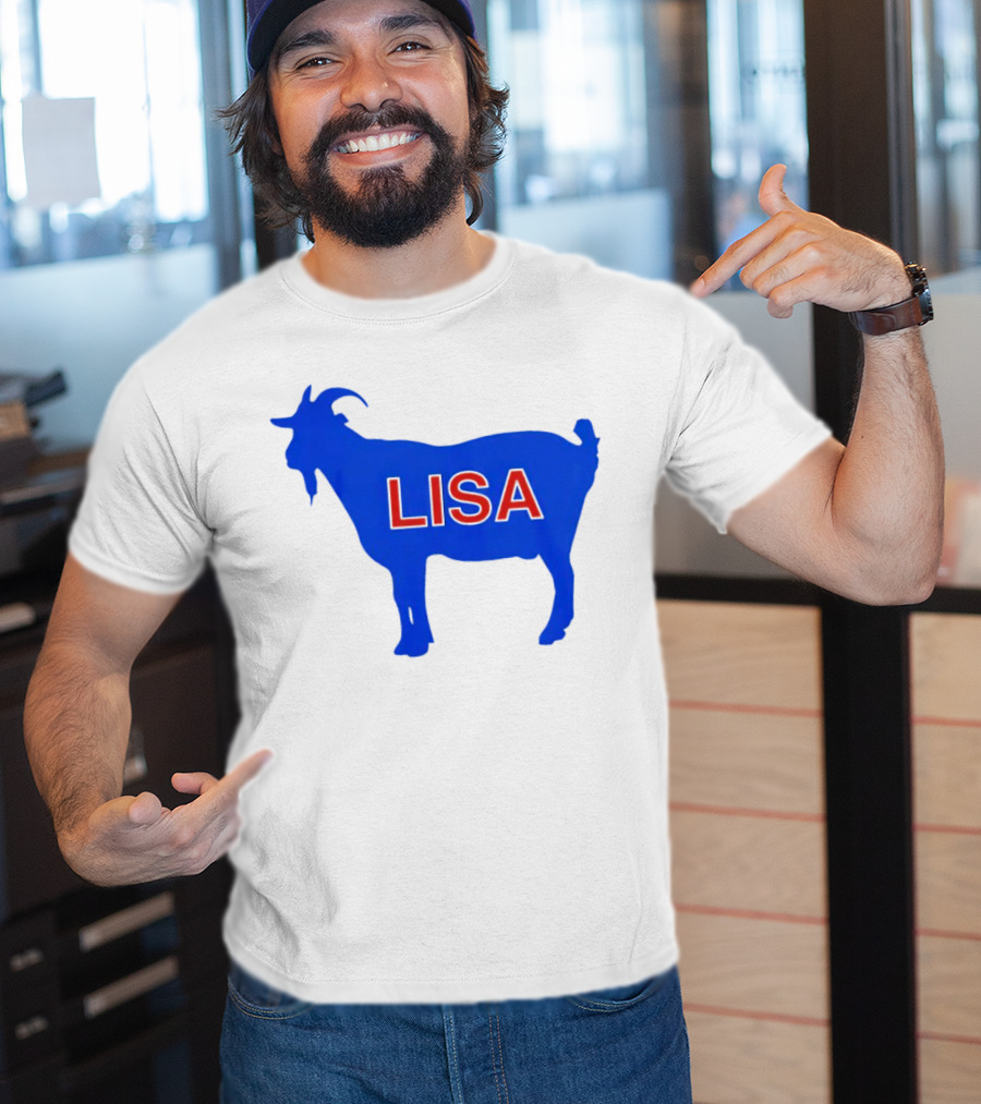 Lisa L Dubbs Goat Silhouette With Name In Bold Red Letters Blue Background T-Shirt