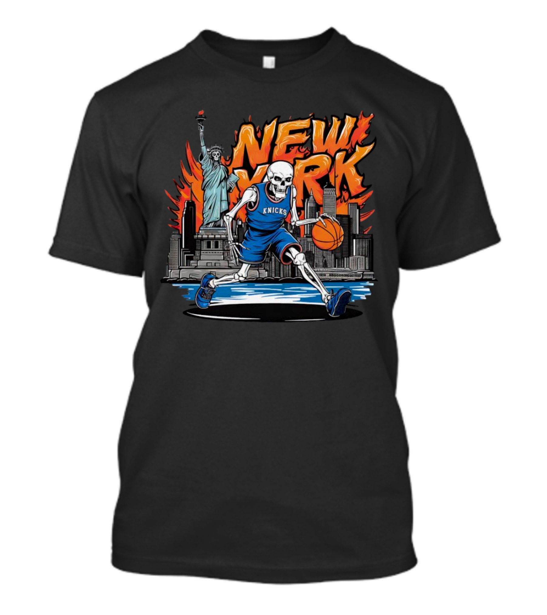 New York Knicks Skeleton Statue Basketball T-Shirt