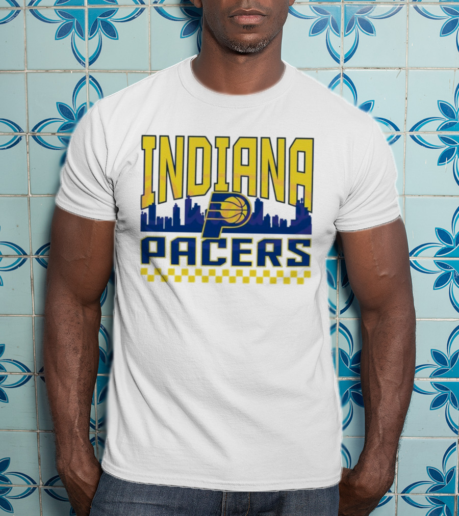 Indiana Pacers NBA Logo Skyline With Checkered T-Shirt