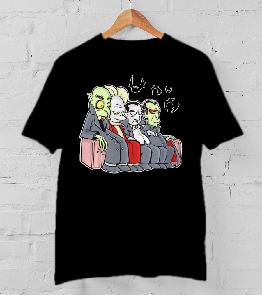 Various Versions Of Draculas Seated On A Couch With Bat Symbols T-Shirt