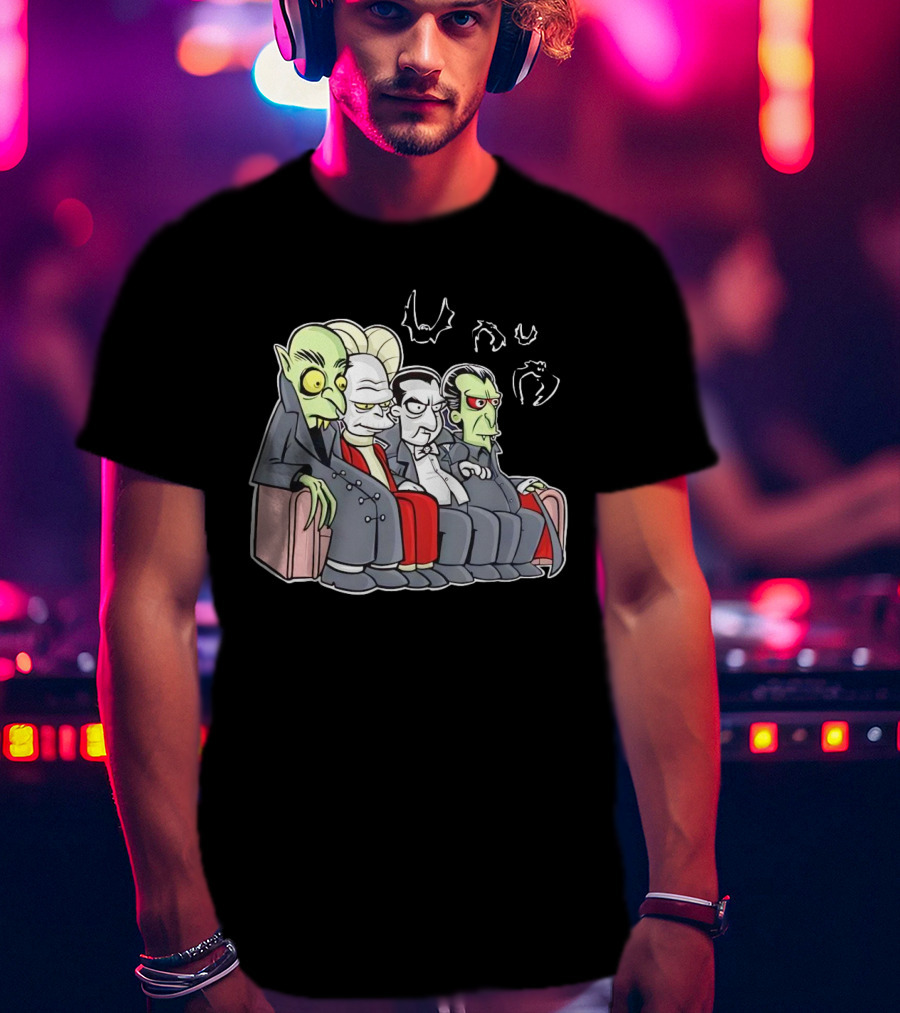 Various Versions Of Draculas Seated On A Couch With Bat Symbols T-Shirt