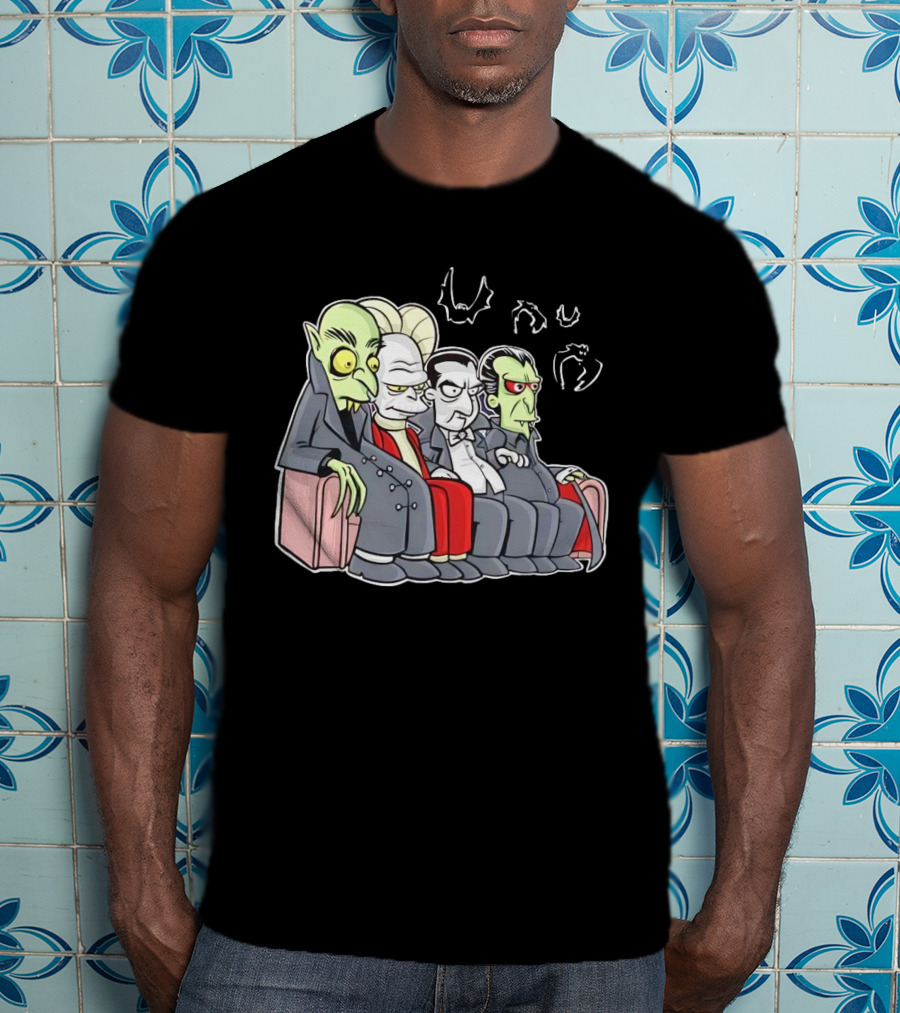 Various Versions Of Draculas Seated On A Couch With Bat Symbols T-Shirt