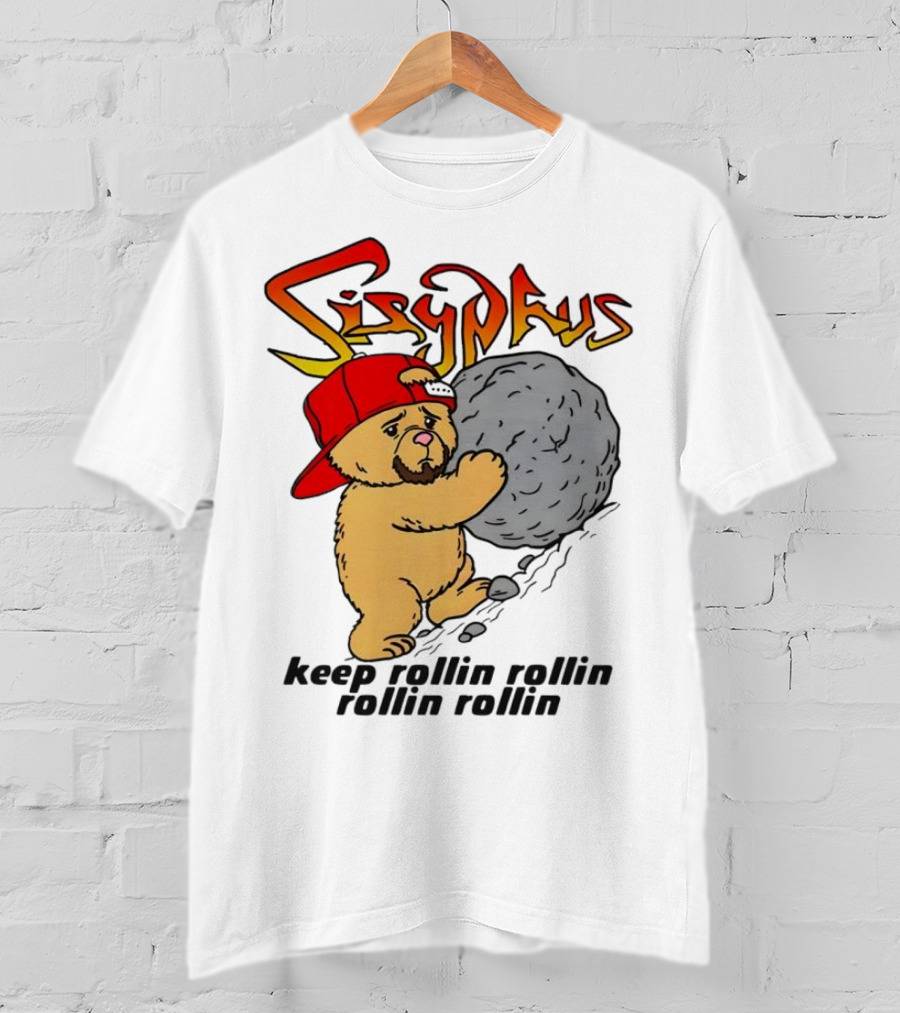 Sisyphus Keep Rollin Rollin Rollin Rollin Bear With Boulder Red Cap T-Shirt