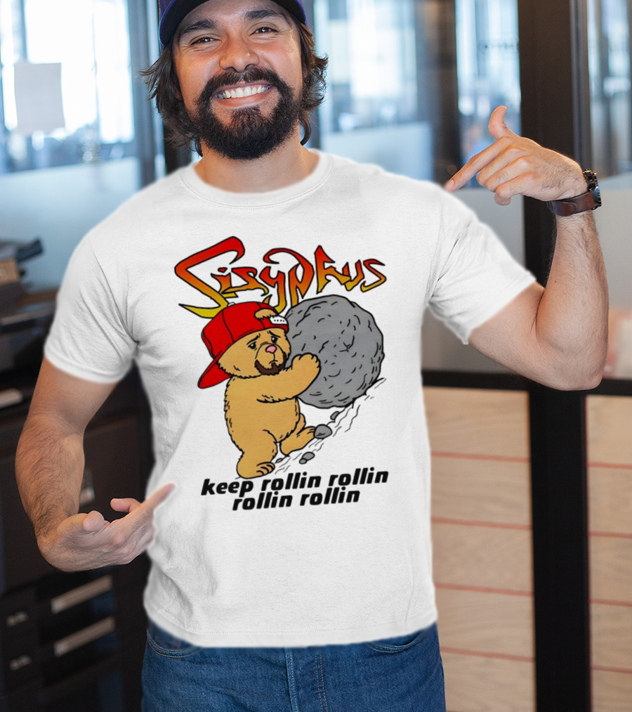 Sisyphus Keep Rollin Rollin Rollin Rollin Bear With Boulder Red Cap T-Shirt