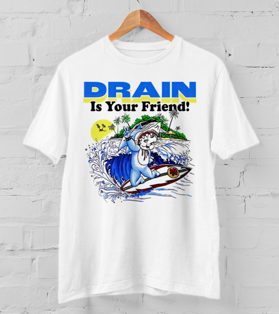 Drain Is Your Friend Surfing Dog Island Moon Scene T-Shirt