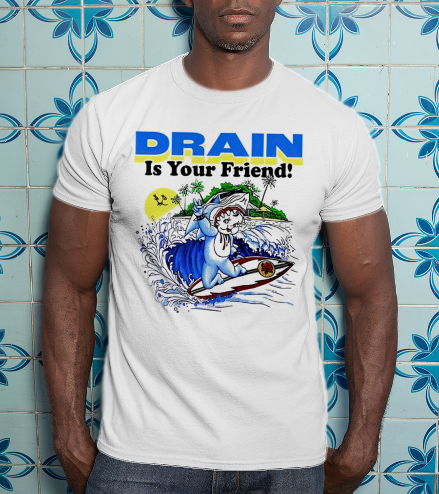 Drain Is Your Friend Surfing Dog Island Moon Scene T-Shirt