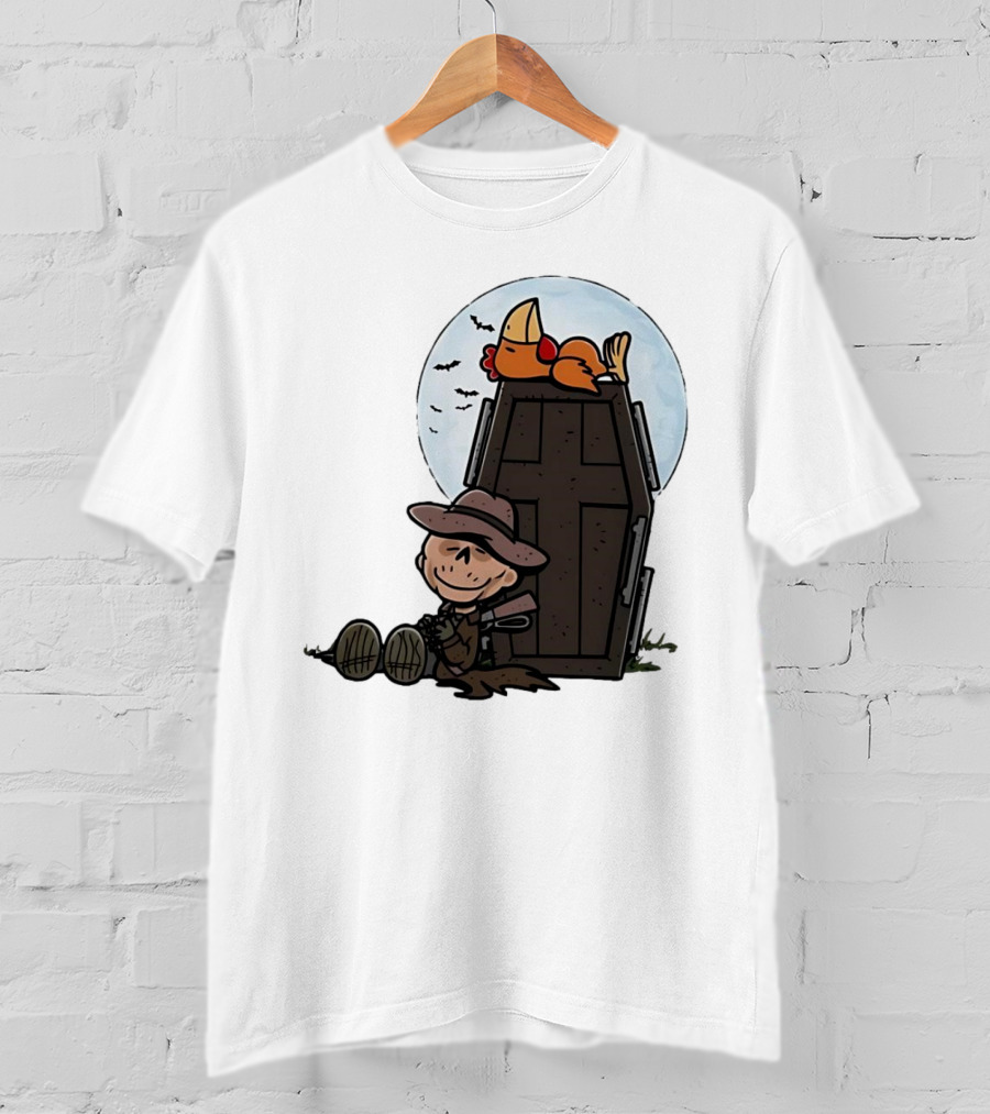 Ghoul And A Chicken From Fallout Peanuts Style Sitting By Coffin Under Moon With Bats T-Shirt