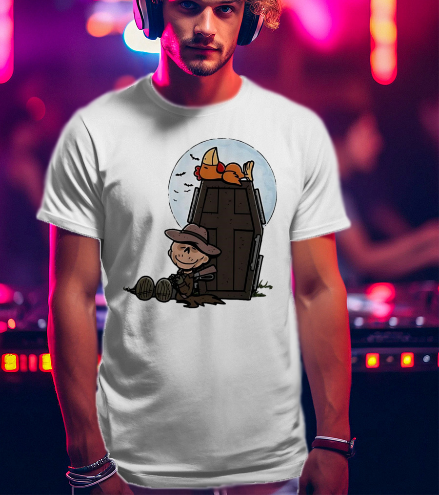 Ghoul And A Chicken From Fallout Peanuts Style Sitting By Coffin Under Moon With Bats T-Shirt