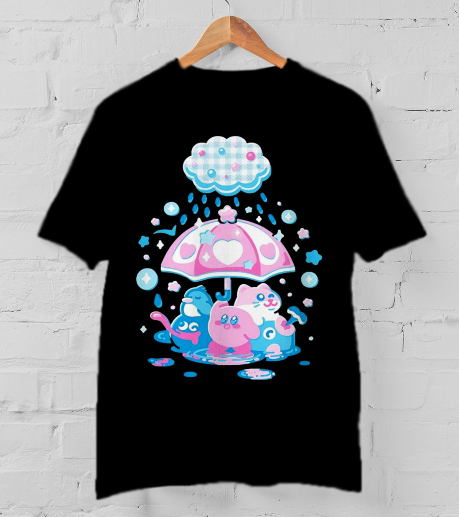 Kirby Gooey And Rick Under Heart Umbrella With Stars And Raindrops T-Shirt