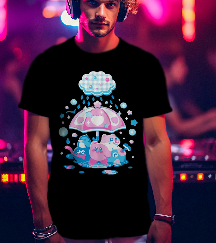Kirby Gooey And Rick Under Heart Umbrella With Stars And Raindrops T-Shirt