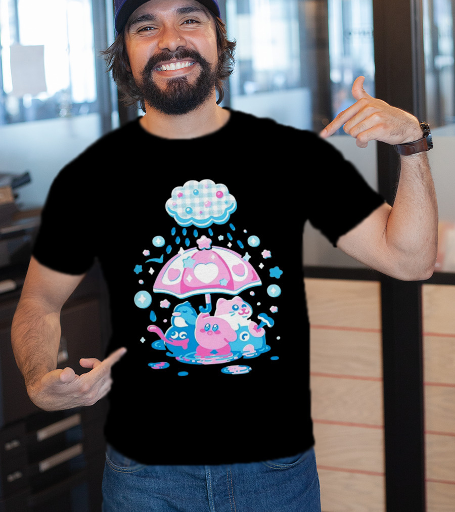 Kirby Gooey And Rick Under Heart Umbrella With Stars And Raindrops T-Shirt