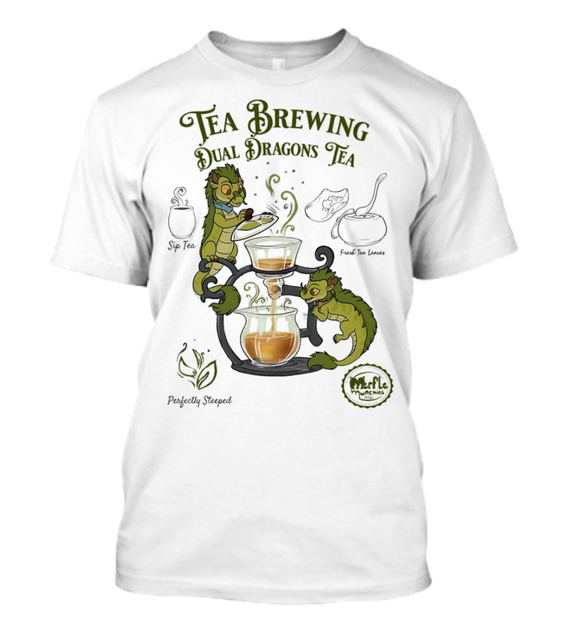 Tea Brewing Dual Dragons Sip Tea Perfectly Steeped Leaf And Kettle T-Shirt
