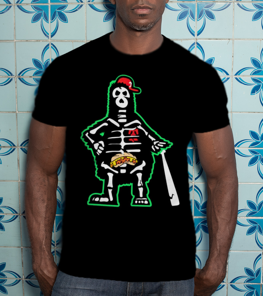 Phillie Phanatic Skeleton With Baseball Bat And Hot Dog Belly T-Shirt