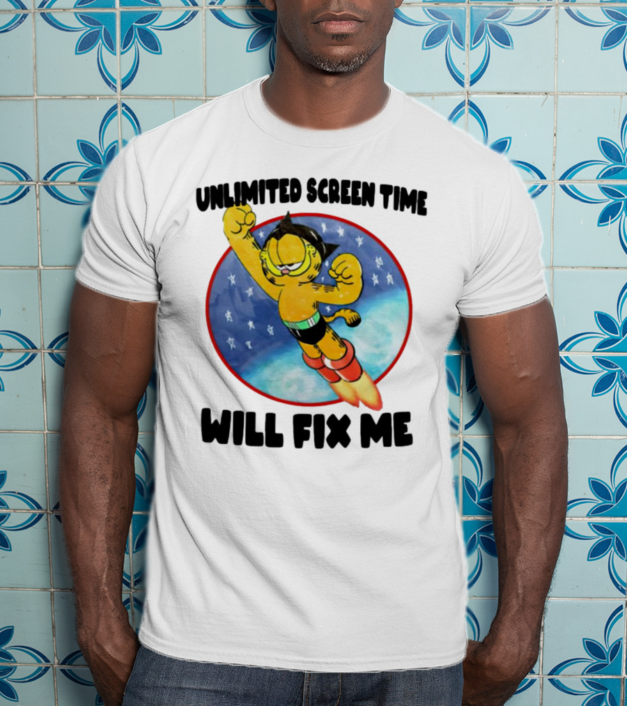 Unlimited Screen Time Will Fix Me Garfield Superhero Flight T-Shirt