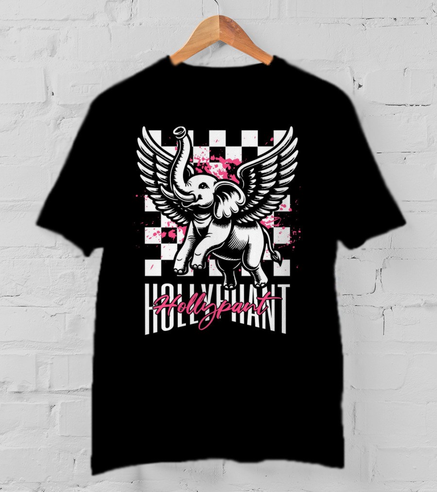 Hollypant Flying Elephant Checkered Pink Splatters T-Shirt