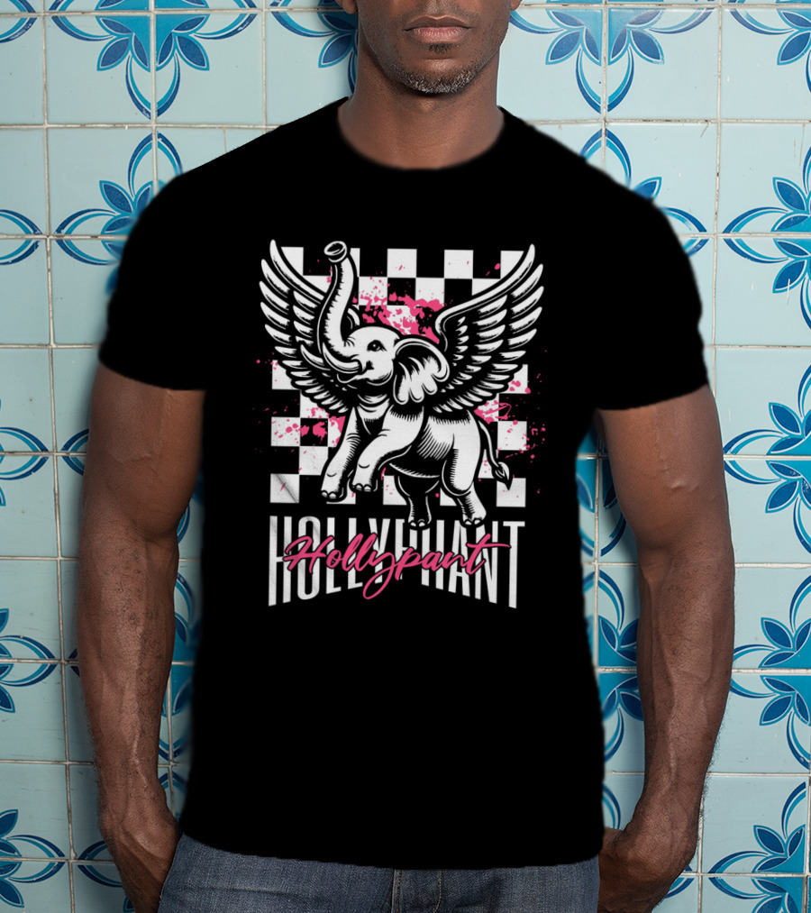 Hollypant Flying Elephant Checkered Pink Splatters T-Shirt