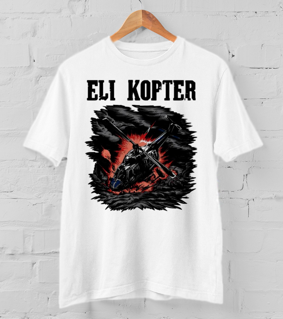 Eli Kopter Helicopter In Stormy Sky With Red Explosion T-Shirt