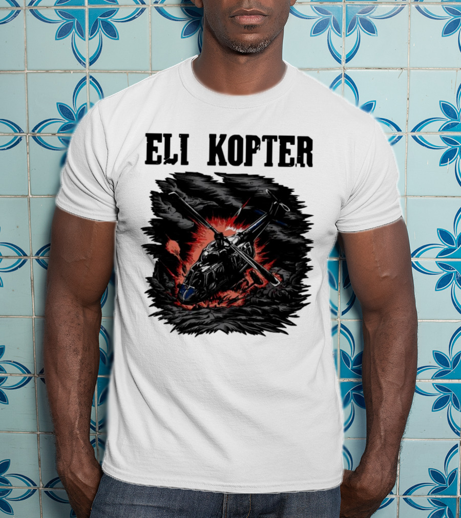 Eli Kopter Helicopter In Stormy Sky With Red Explosion T-Shirt