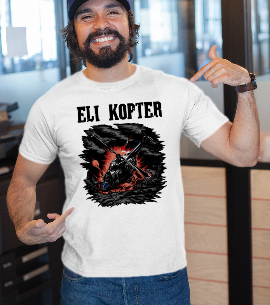 Eli Kopter Helicopter In Stormy Sky With Red Explosion T-Shirt