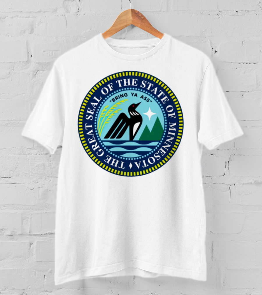 The Great Seal Of The State Of Minnesota Bring Ya Ass Black Bird Mountains Waves Star T-Shirt