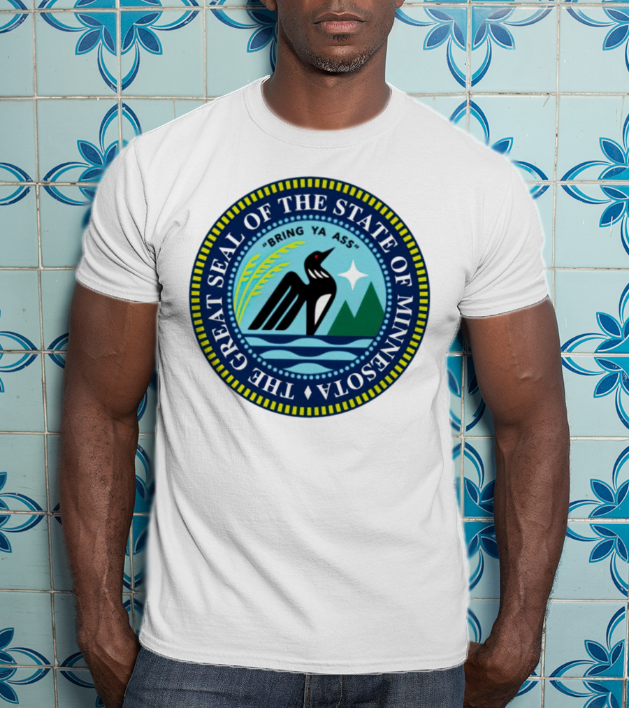 The Great Seal Of The State Of Minnesota Bring Ya Ass Black Bird Mountains Waves Star T-Shirt