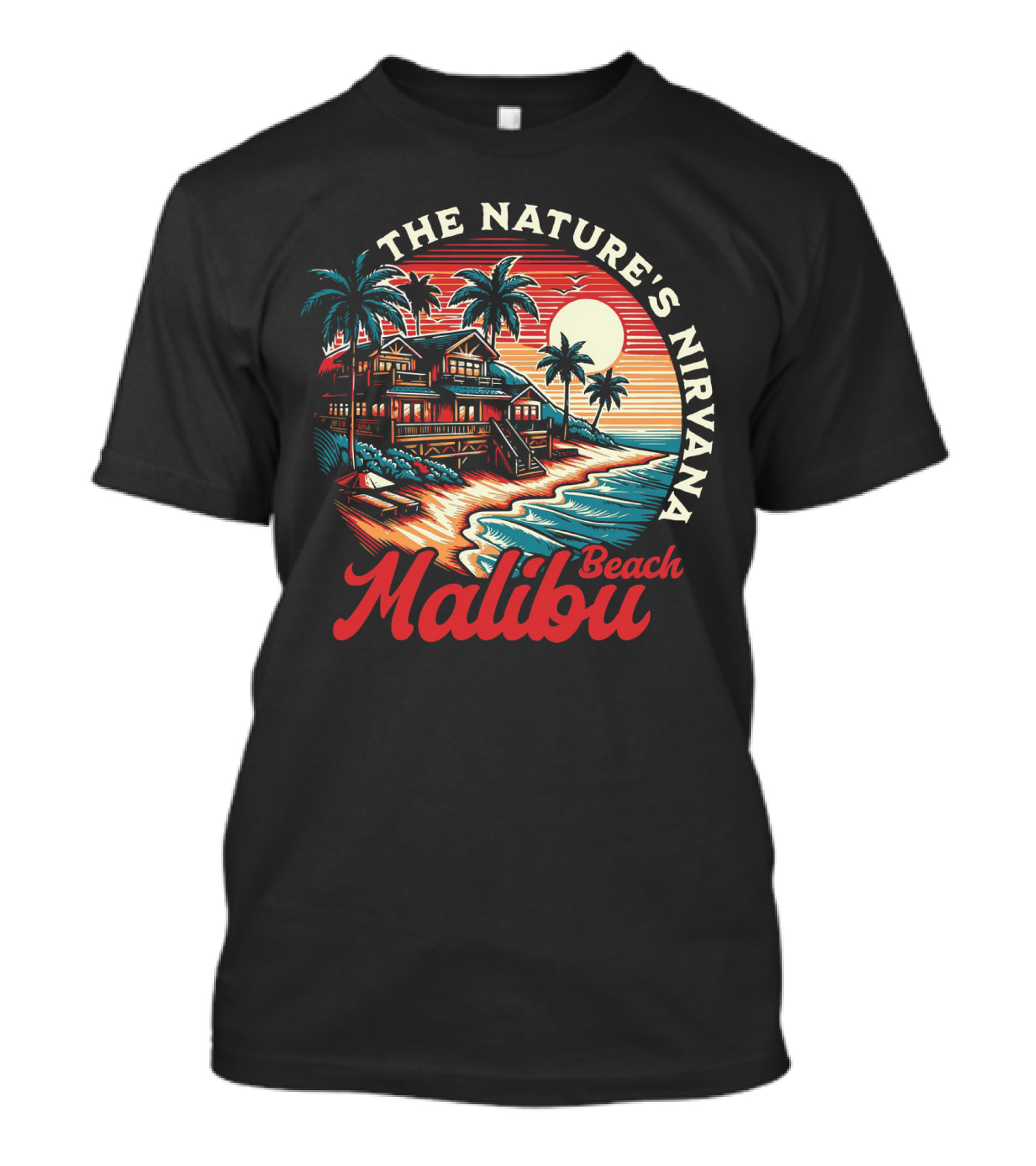 The Nature's Nirvana Malibu Beach Retro Sunset Scene T-Shirt