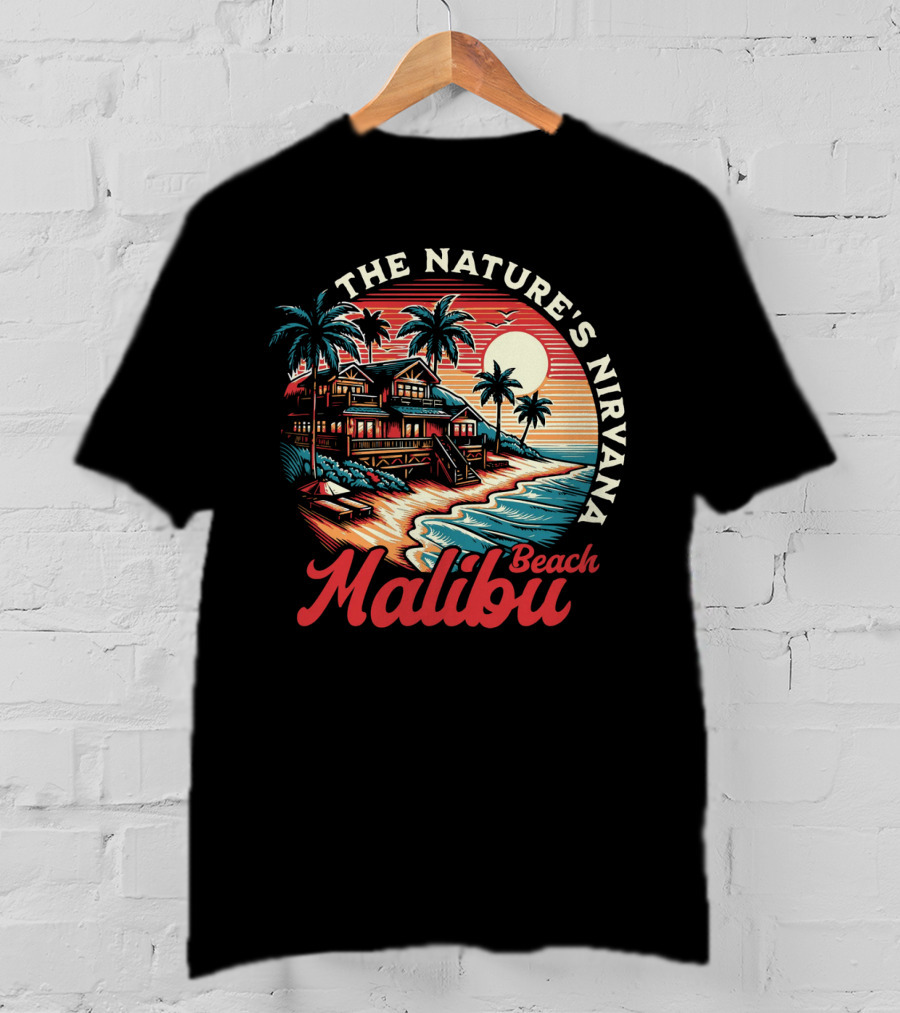 The Nature's Nirvana Malibu Beach Retro Sunset Scene T-Shirt
