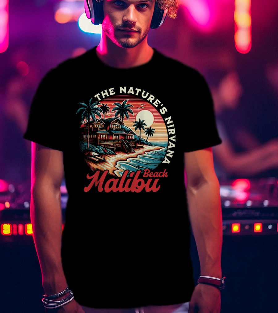 The Nature's Nirvana Malibu Beach Retro Sunset Scene T-Shirt