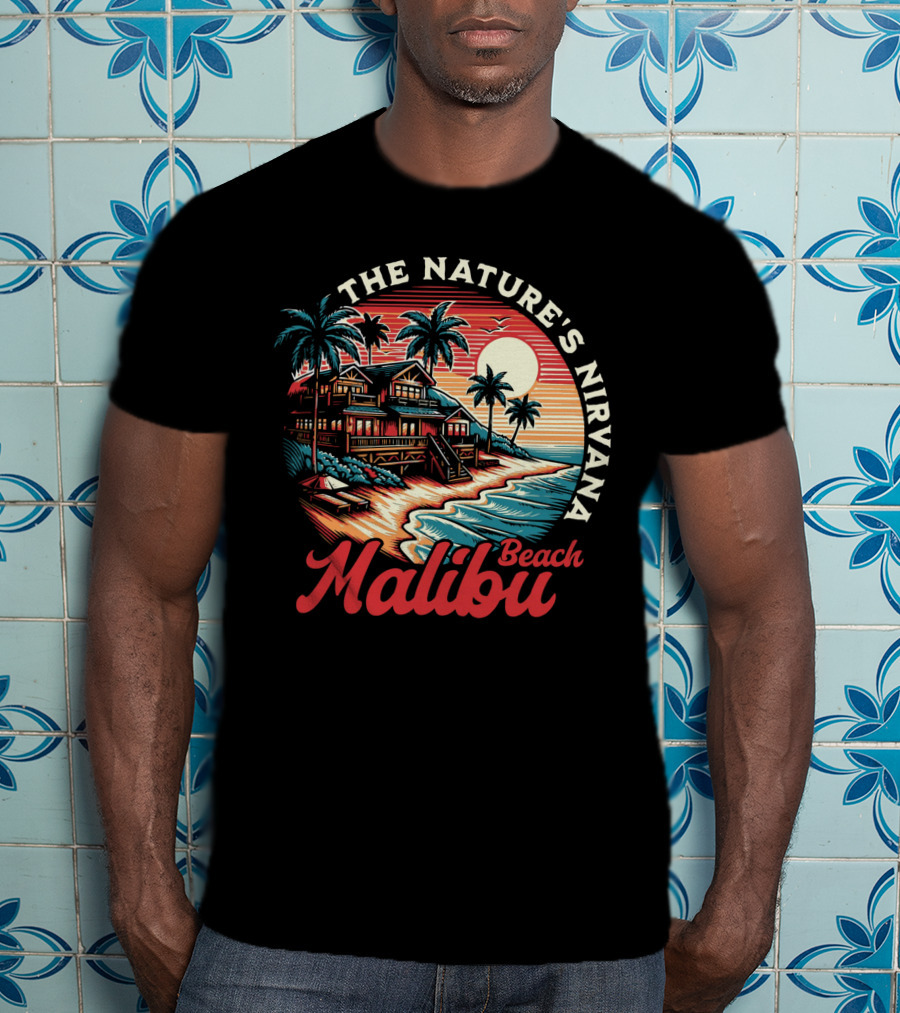 The Nature's Nirvana Malibu Beach Retro Sunset Scene T-Shirt