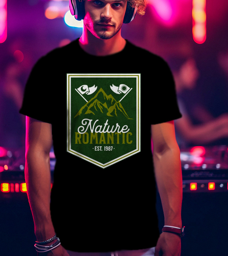 Nature Romantic Est. 1987 Mountain Adventure Sun Moon Flags T-Shirt