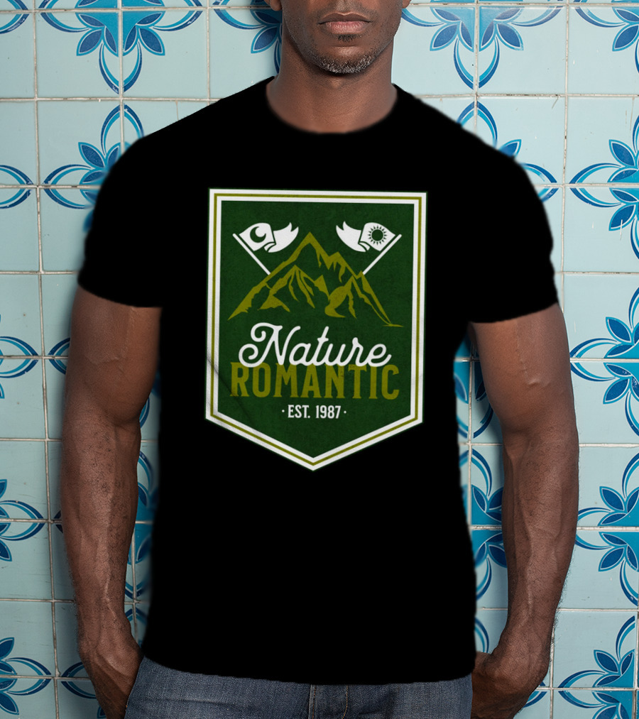 Nature Romantic Est. 1987 Mountain Adventure Sun Moon Flags T-Shirt