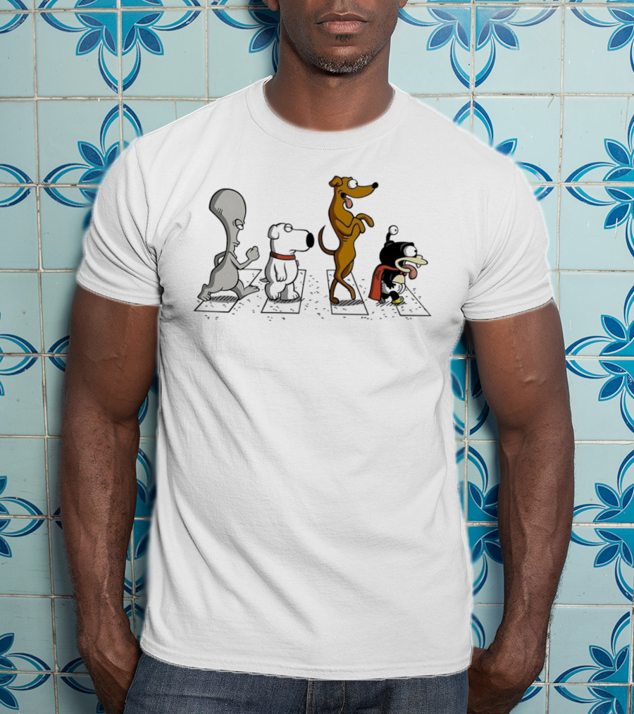Roger Brian Santa’s Little Helper And Nibbler Walking Across Iconic Crosswalk T-Shirt