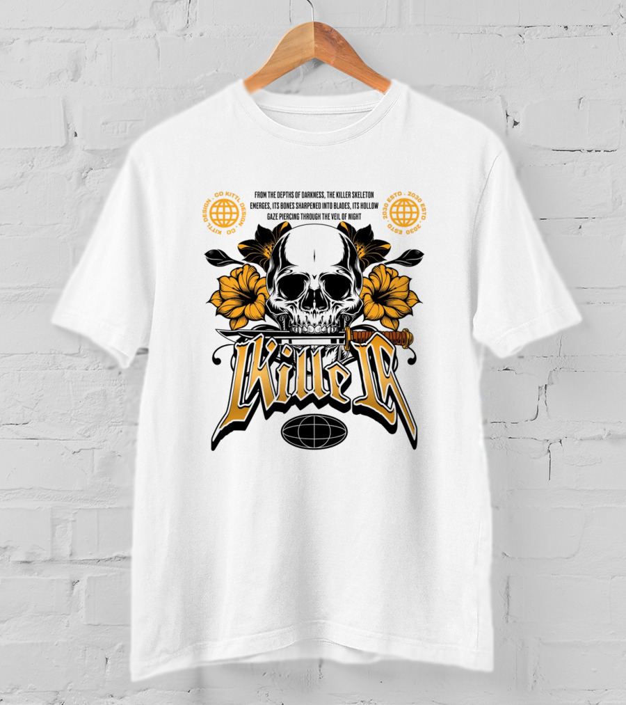 Killer Skeleton Dark Skull With Sword And Flowers T-Shirt